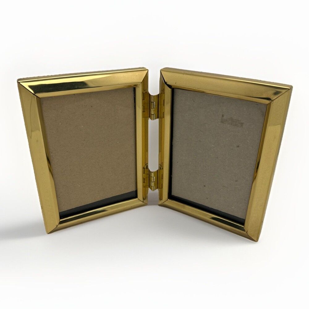 Vintage Brass Double Hinged Picture Frame Gold Tone Folding Tabletop Photo Frame